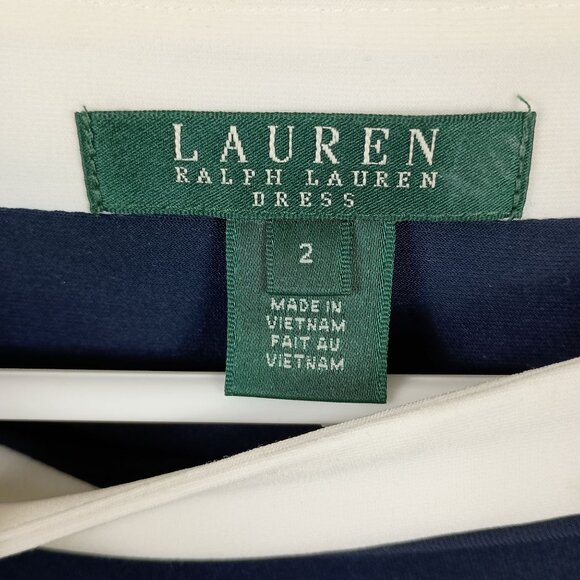 Lauren Ralph Lauren Ruched Sheath Dress Knee Length Colorblocked Blue White 2 - Picture 3 of 6